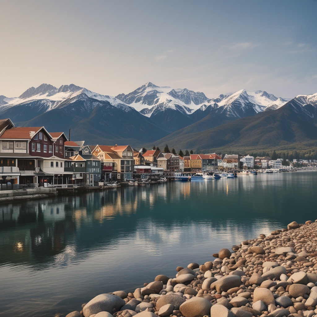 Waterfront with mountains in background